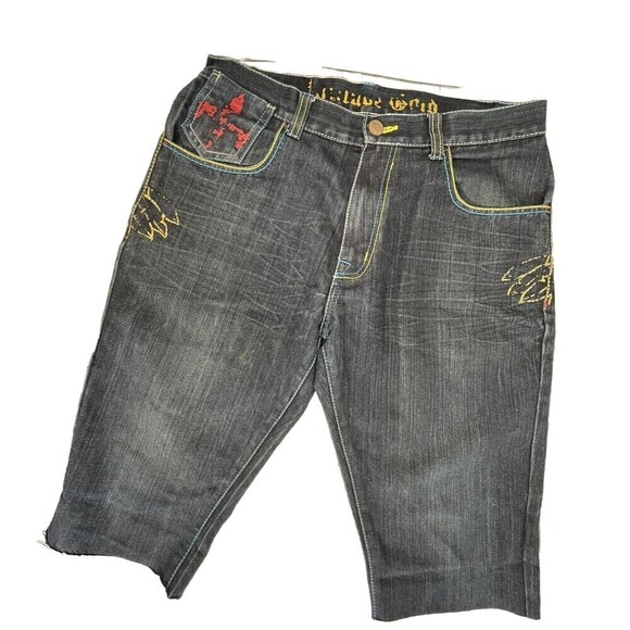 VTG Attitude Gold Baggy Denim Hip Hop Straight Cut Off Shorts Mens Sz 34x15 - Picture 1 of 13